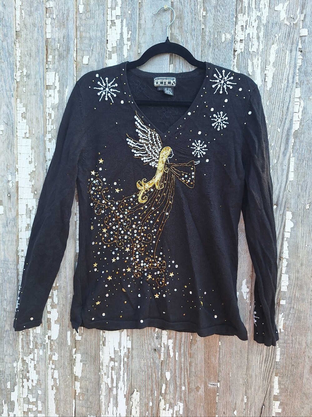 Vintage Berek black angel holiday sweater embellished Size Large